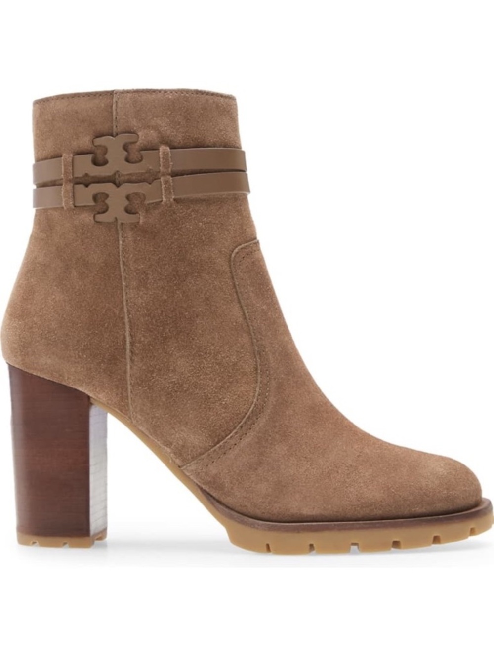 Tory Burch Chestnut Suede Block Heel Ankle Boot with Logo Strap